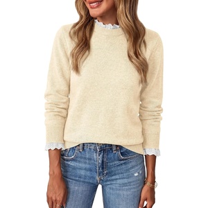 BTFBM Womens Sweaters Long Sleeve Crew Neck Lightweight Lace Sweater 2026 Fall Casual Loose Fit Solid Pullover Jumper Tops(Beige)
