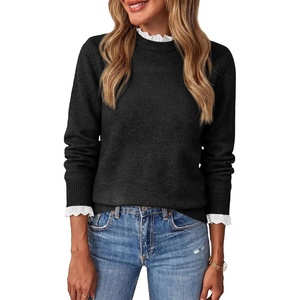 BTFBM Womens Sweaters Long Sleeve Crew Neck Lightweight Lace Sweater 2026 Fall Casual Loose Fit Solid Pullover Jumper Tops(Black)
