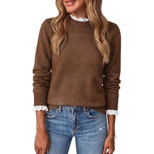 BTFBM Womens Sweaters Long Sleeve Crew Neck Lightweight Lace Sweater 2026 Fall Casual Loose Fit Solid Pullover Jumper Tops(Brown)
