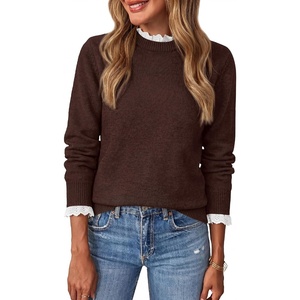 BTFBM Womens Sweaters Long Sleeve Crew Neck Lightweight Lace Sweater 2026 Fall Casual Loose Fit Solid Pullover Jumper Tops(Dark Brown)