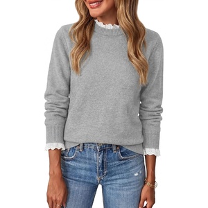BTFBM Womens Sweaters Long Sleeve Crew Neck Lightweight Lace Sweater 2026 Fall Casual Loose Fit Solid Pullover Jumper Tops(Grey)