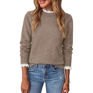 BTFBM Womens Sweaters Long Sleeve Crew Neck Lightweight Lace Sweater 2026 Fall Casual Loose Fit Solid Pullover Jumper Tops(Grey Khaki)
