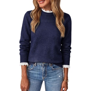 BTFBM Womens Sweaters Long Sleeve Crew Neck Lightweight Lace Sweater 2026 Fall Casual Loose Fit Solid Pullover Jumper Tops(Navy)