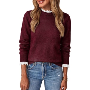 BTFBM Womens Sweaters Long Sleeve Crew Neck Lightweight Lace Sweater 2026 Fall Casual Loose Fit Solid Pullover Jumper Tops(Wine Red)