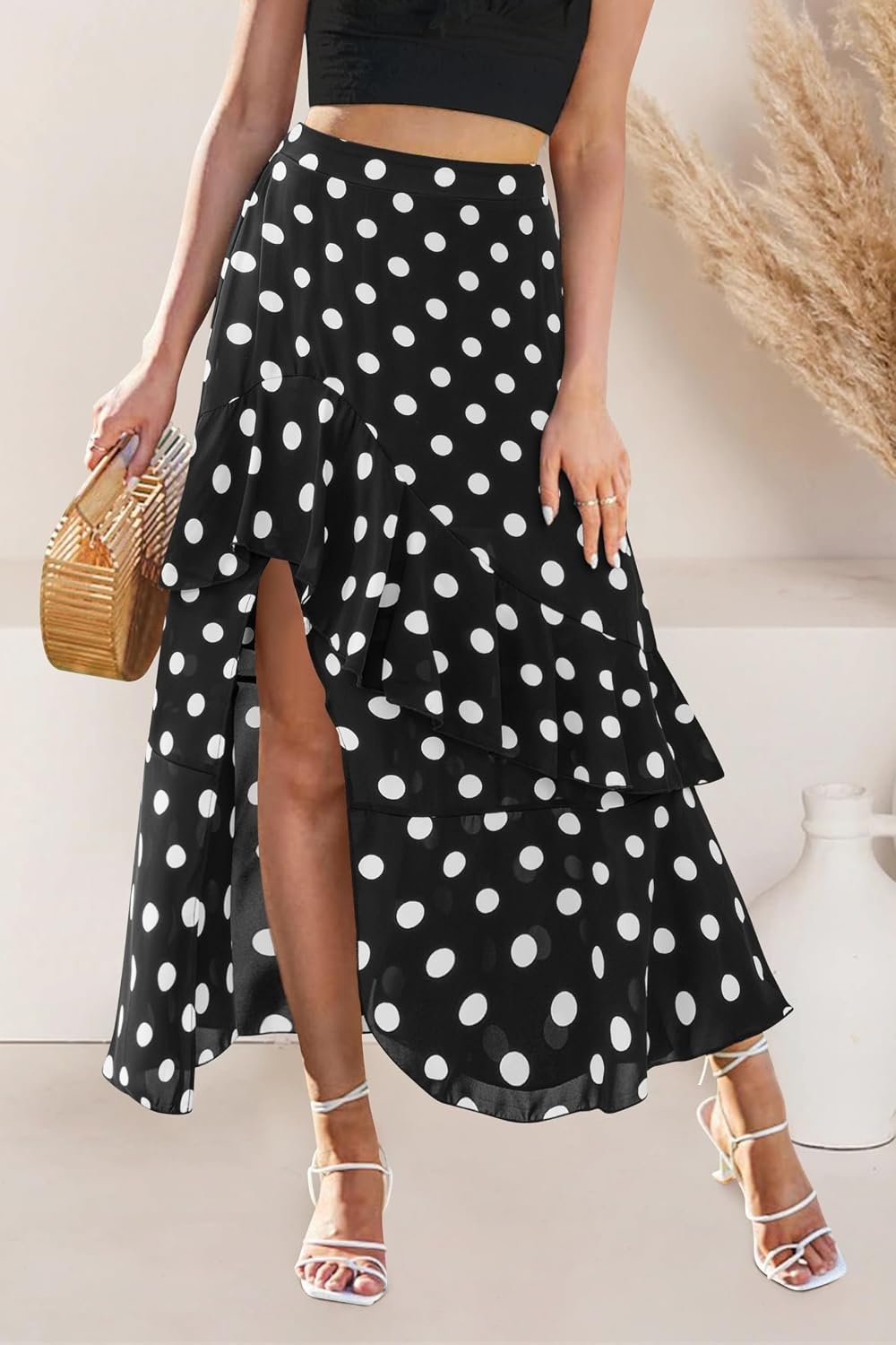image:imageBTFBM Boho High Low Long Skirts for WomenPolka Dot Black