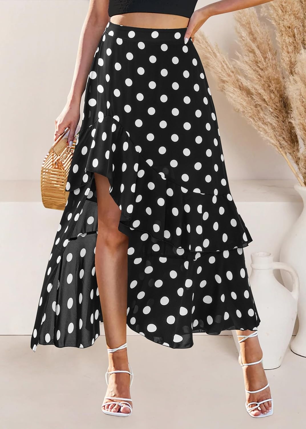 image:imageBTFBM Boho High Low Long Skirts for WomenPolka Dot Black