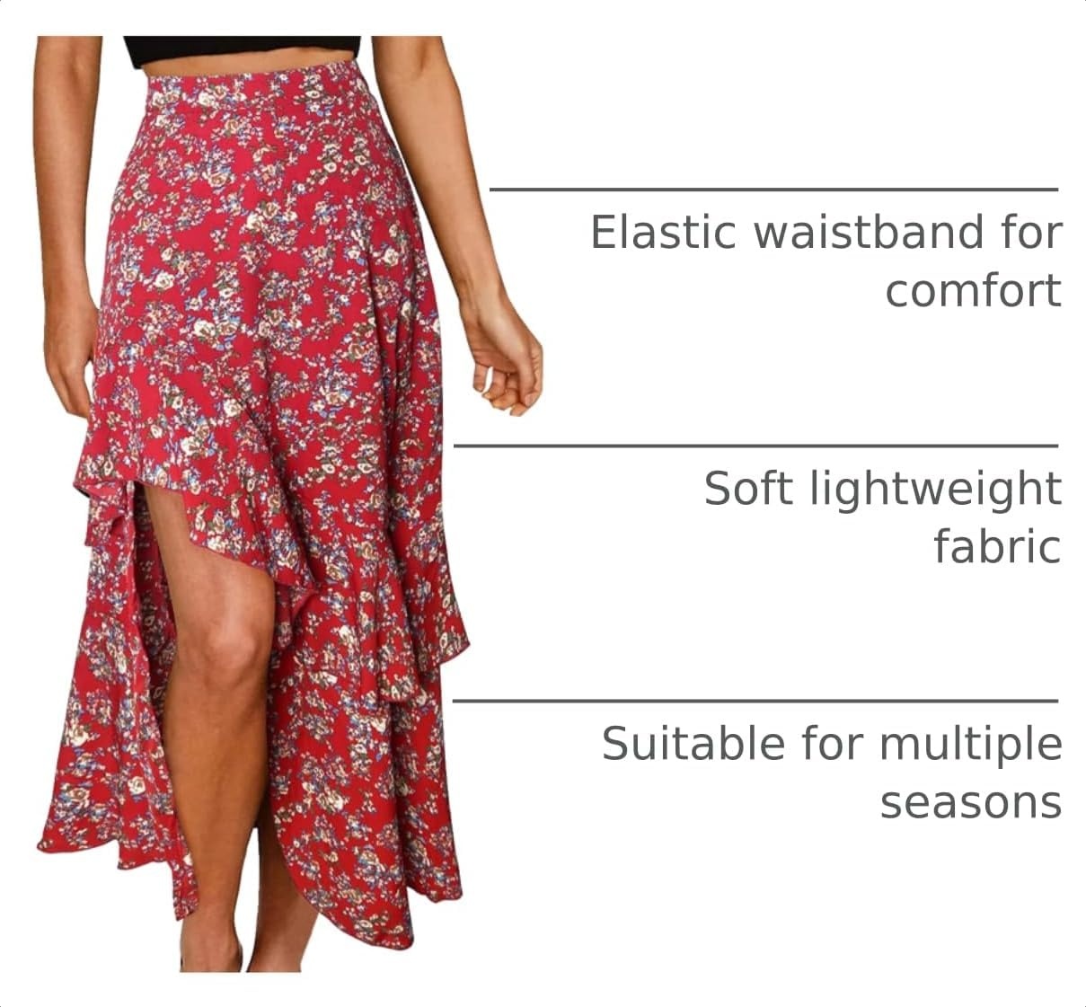 image:imageBTFBM Boho High Low Long Skirts for WomenPrint Floral Red