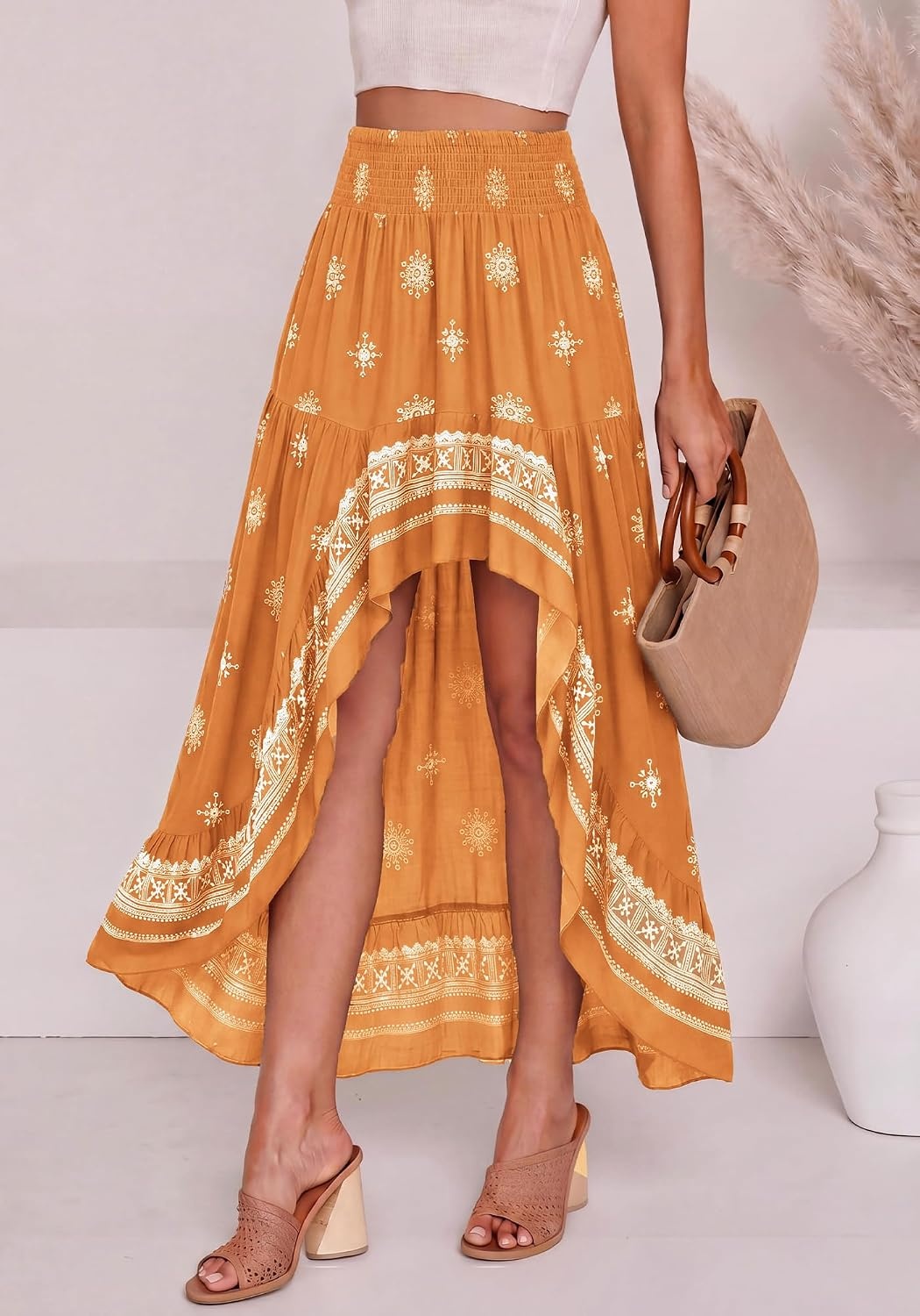 image:imageBTFBM Boho High Low Long Skirts for WomenXbrown Orange