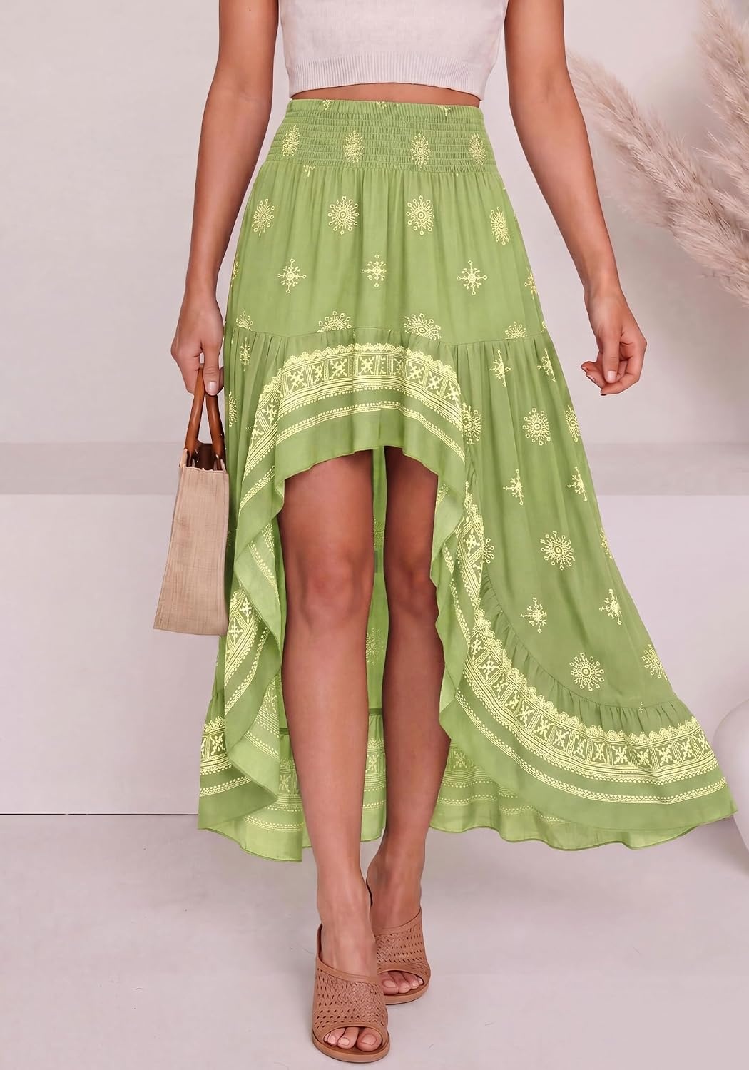 image:imageBTFBM Boho High Low Long Skirts for WomenXlight Green