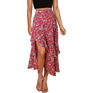 BTFBM Boho High Low Long Skirts for Women(Print Floral Red)